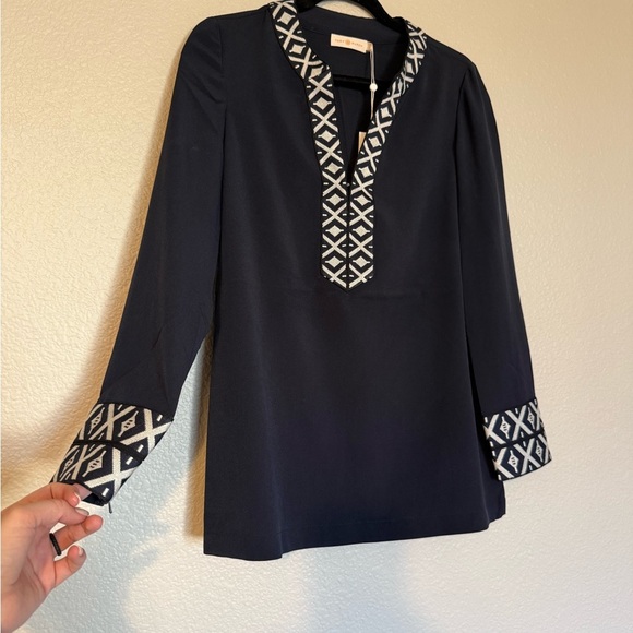 Tory Burch Dark Blue Tunic with Patterned Trim size 4 - Picture 2 of 10